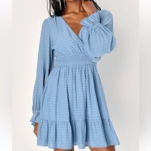 Slate Blue Striped Tiered Long Sleeve Mini Dress (Small)